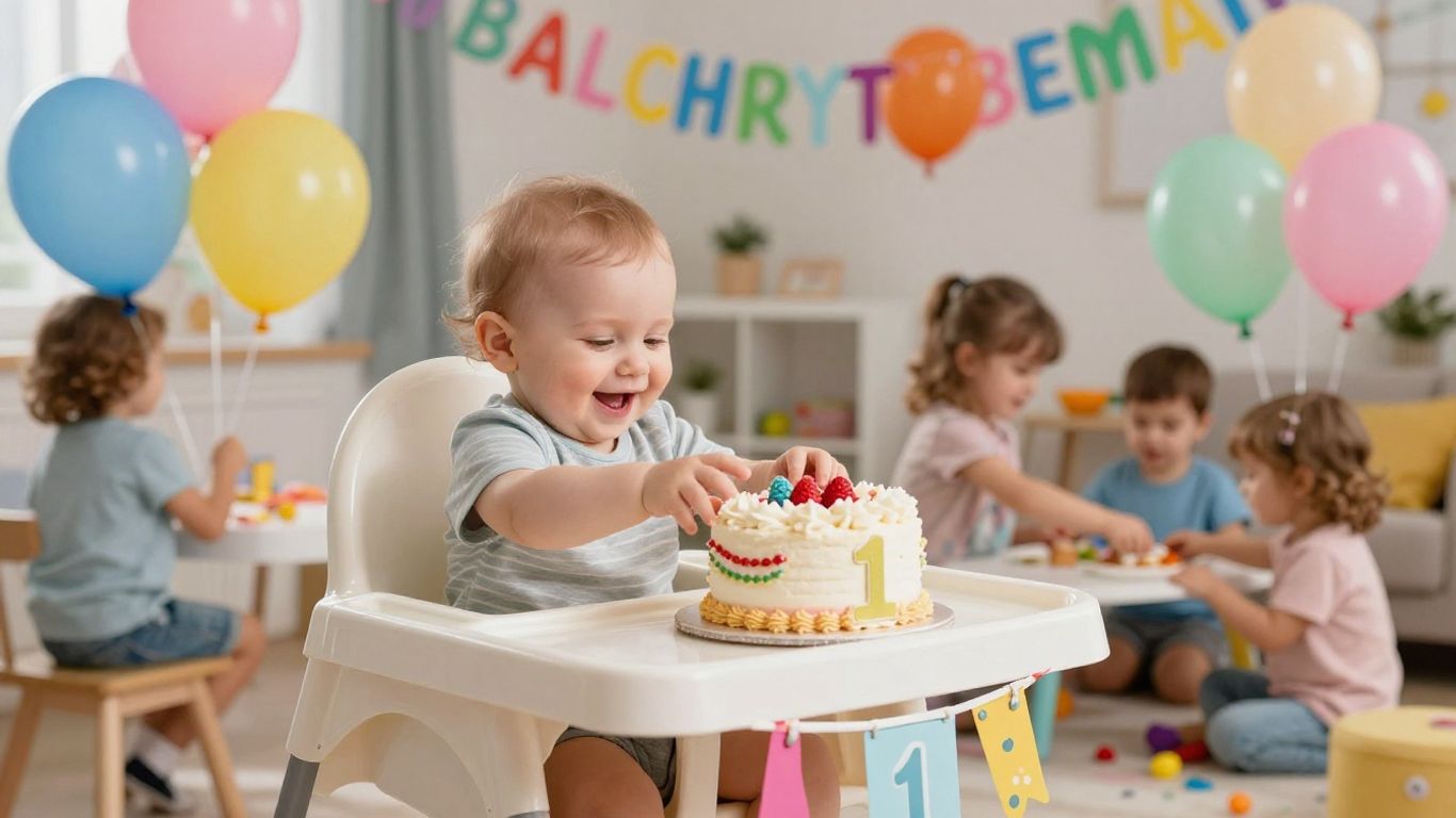 First birthday party venue in Dallas with balloons and cake.