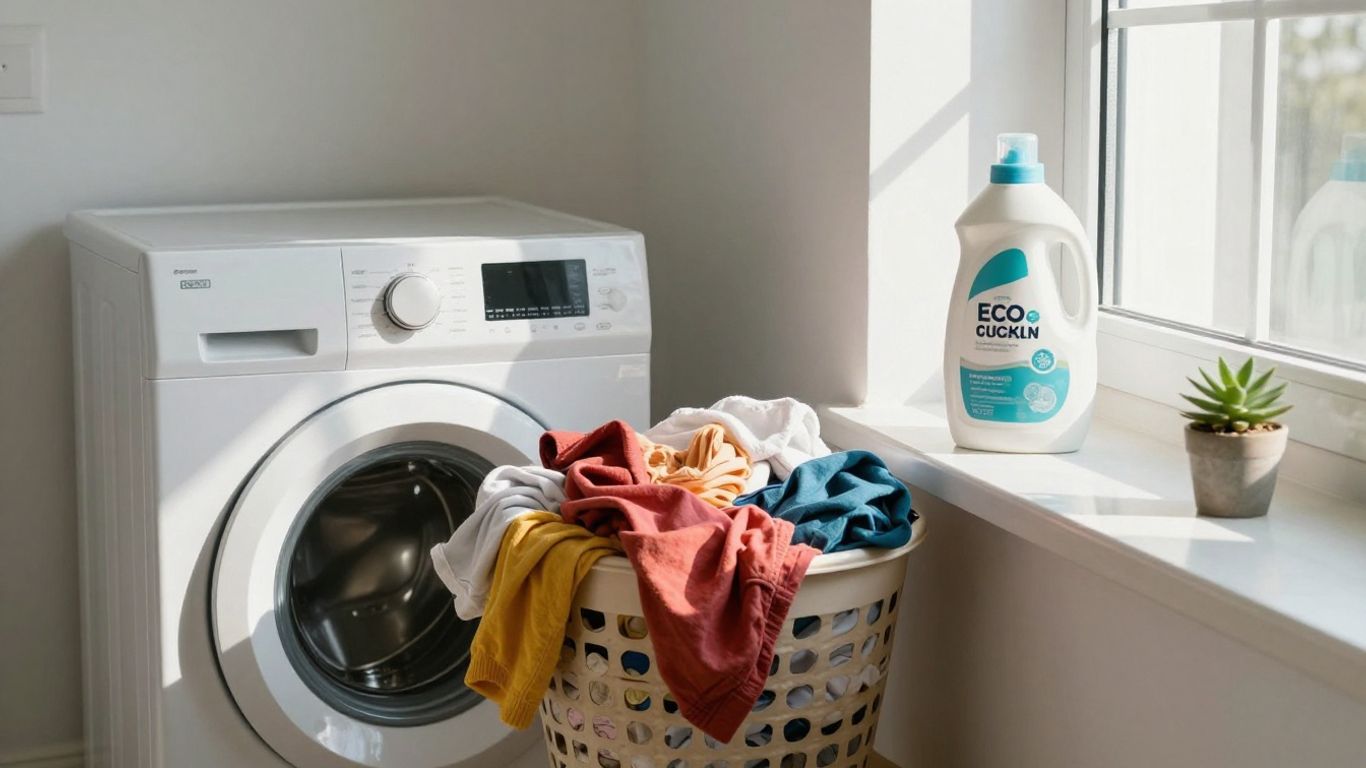 Eco-friendly laundry room with washing machine and plants.