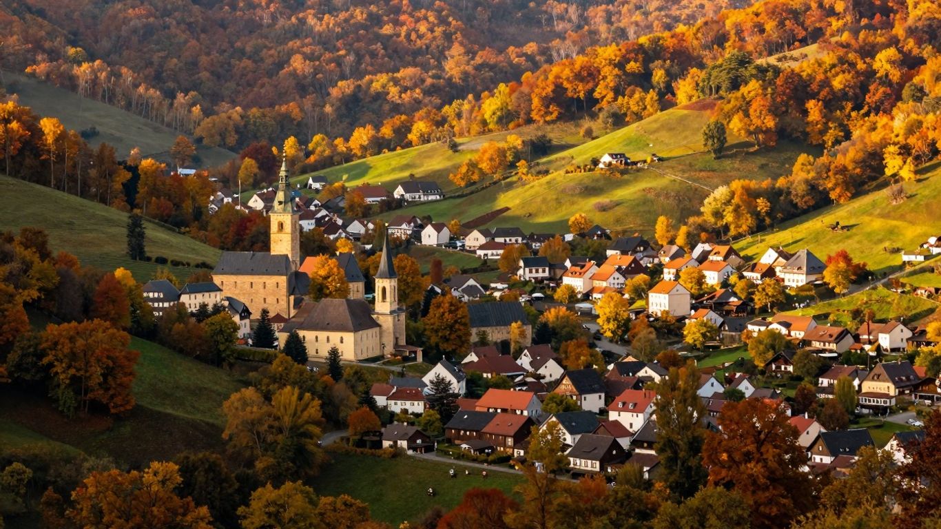 Colorful European autumn landscape with villages and hills.