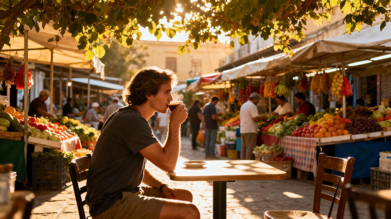 Traveler enjoying coffee at a cafe overlooking a vibrant market.