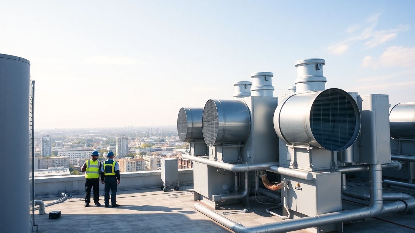 Techniciens vérifient des climatiseurs centralisés sur un toit d'immeuble.