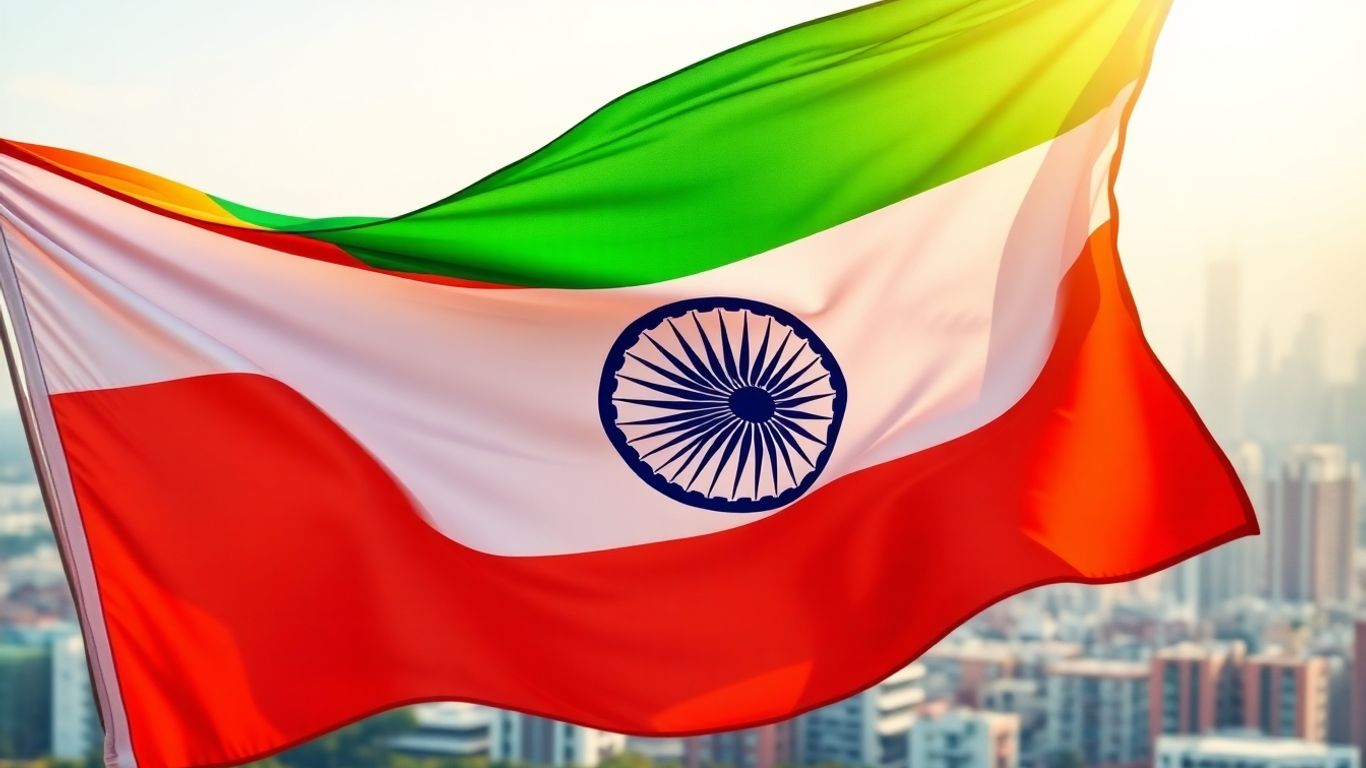 Indian flag with digital currency symbols and cityscape.