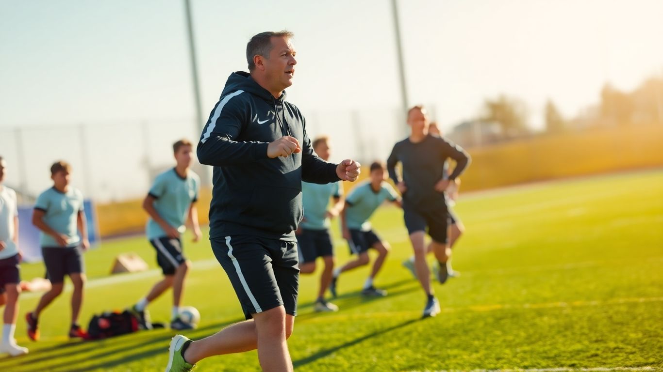Trainer erklärt eine Sportübung auf einem Feld.