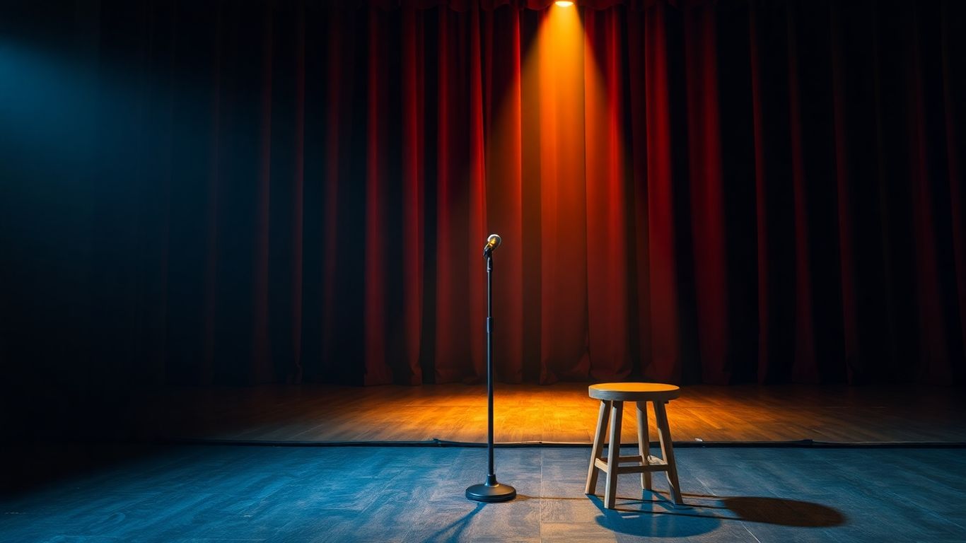 Empty comedy stage with spotlight and red curtains