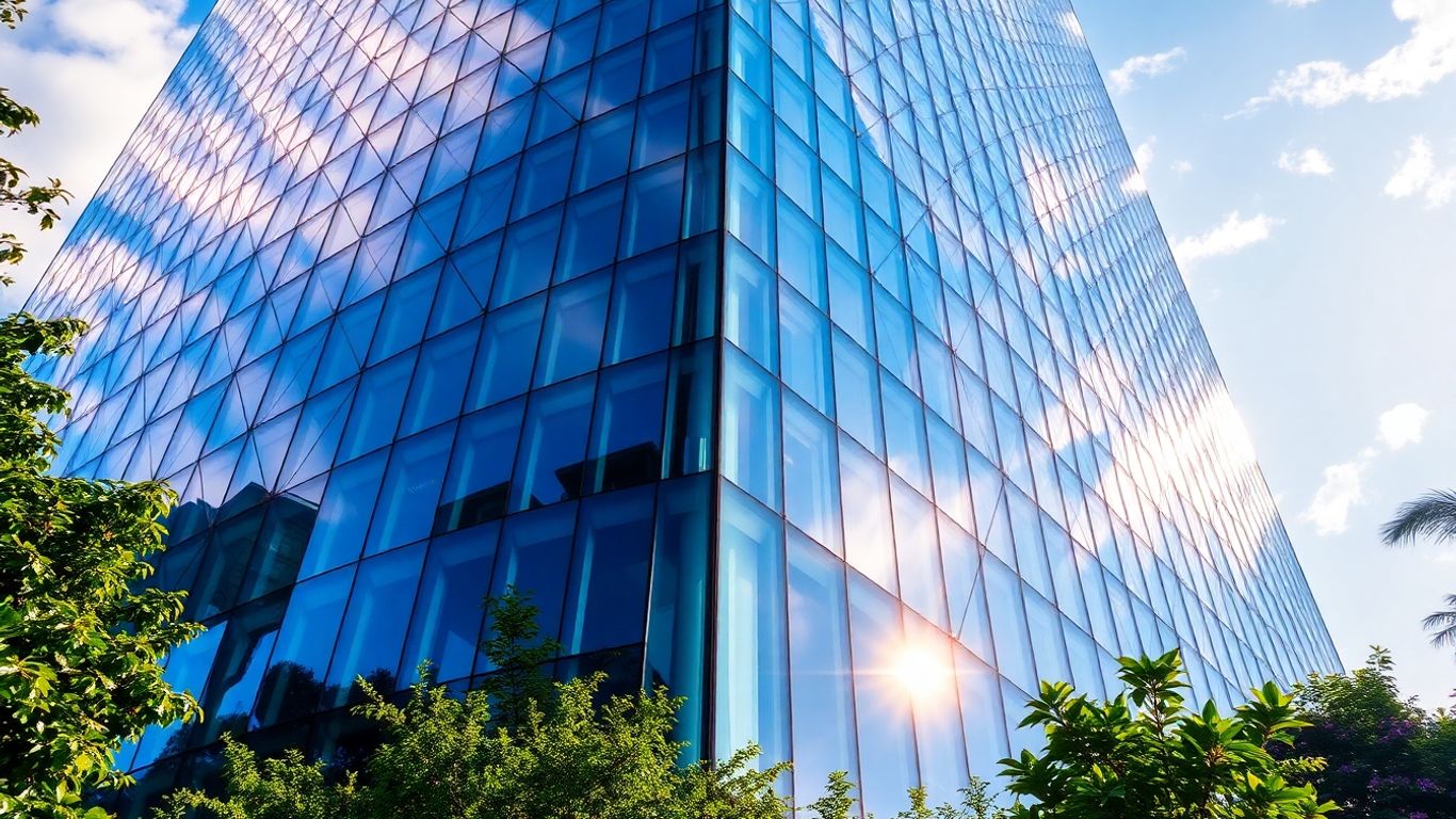 Moderne Glasarchitektur mit geometrischen Mustern und Himmelreflexionen.