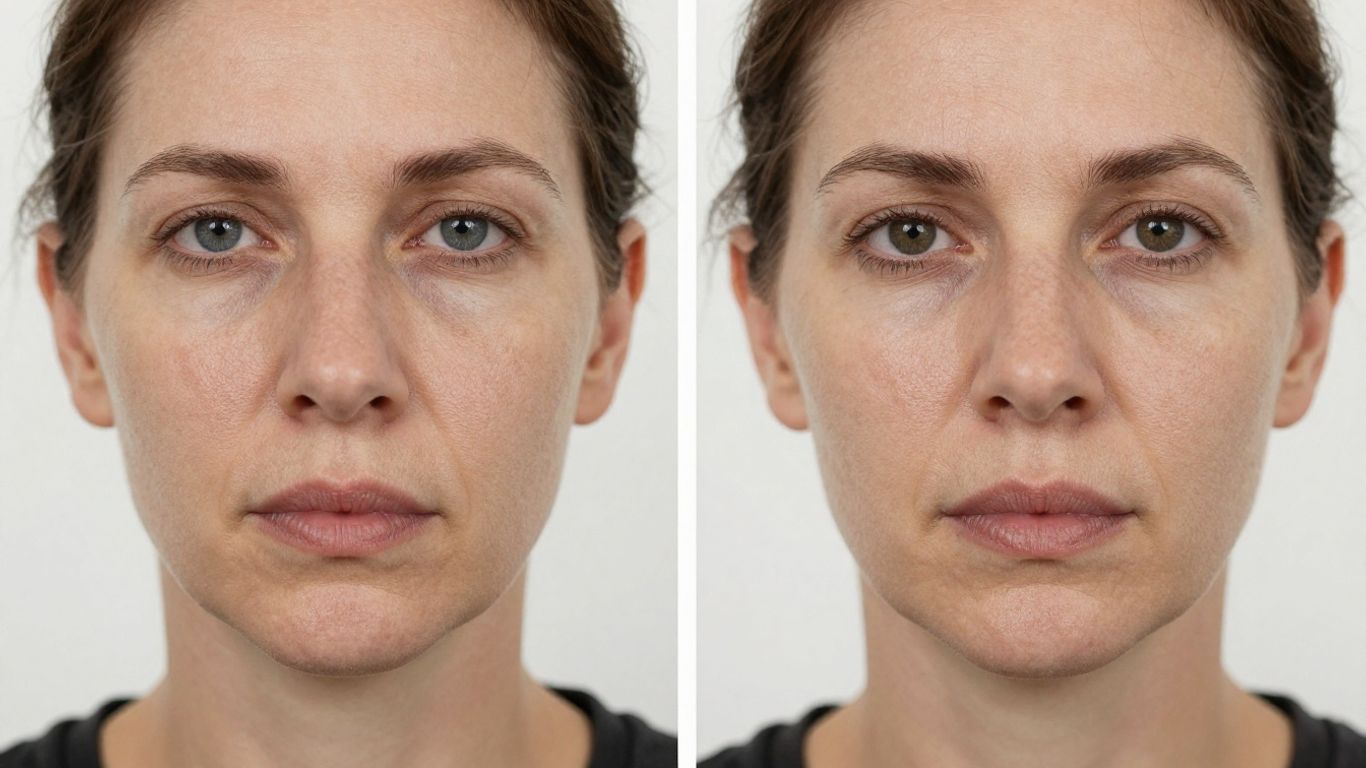 Before and after EMFACE treatment facial rejuvenation.