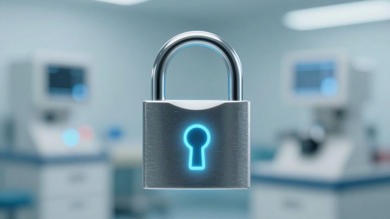 Secure digital lock on medical equipment background