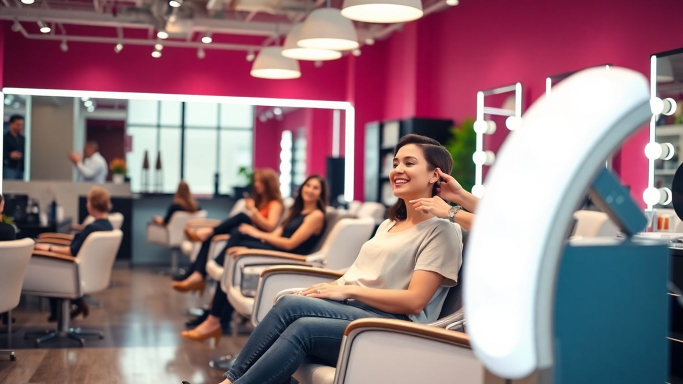 Stylish salon interior with happy clients receiving beauty treatments.