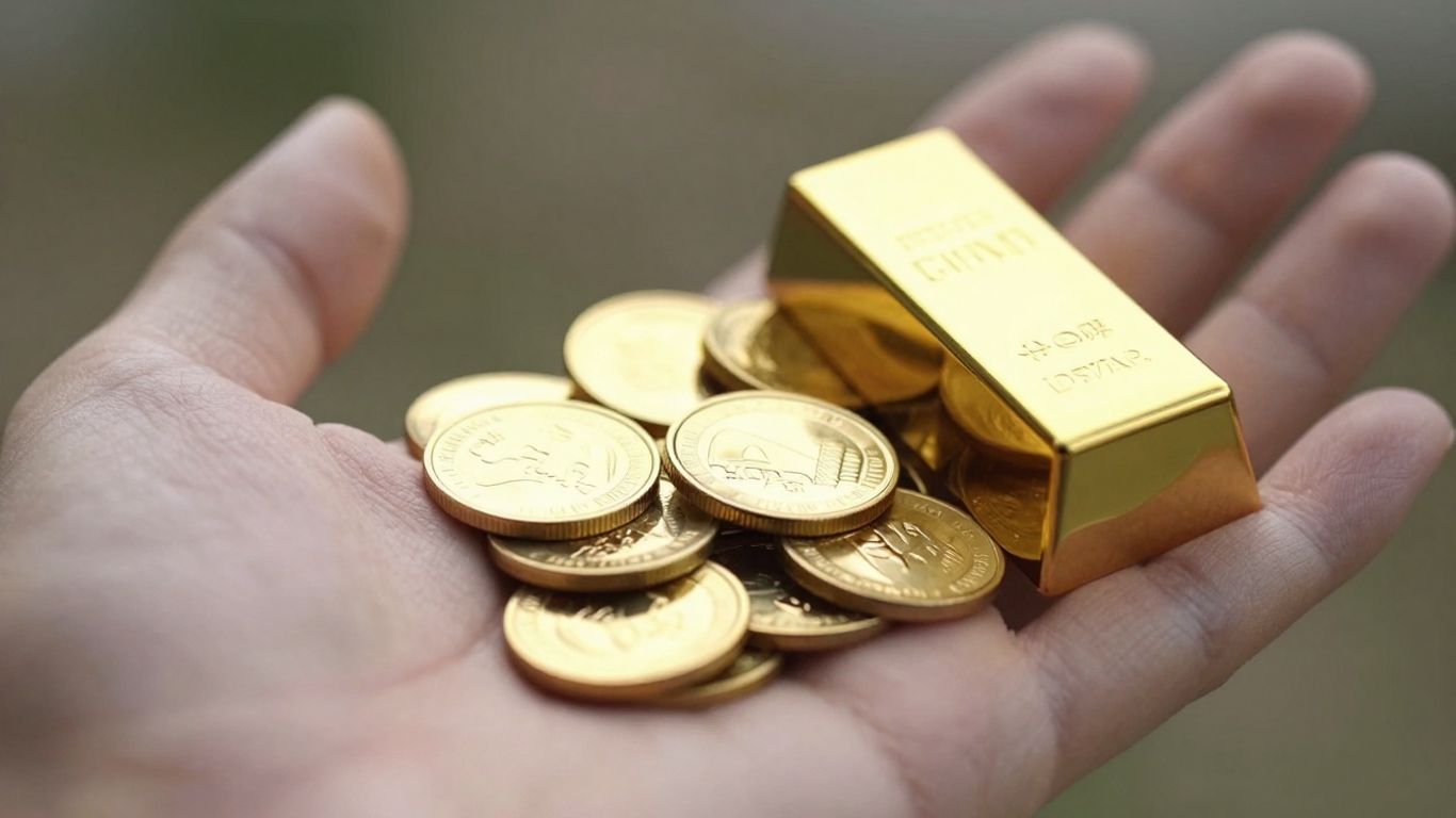 A golden hand holding gold coins and a gold bar.