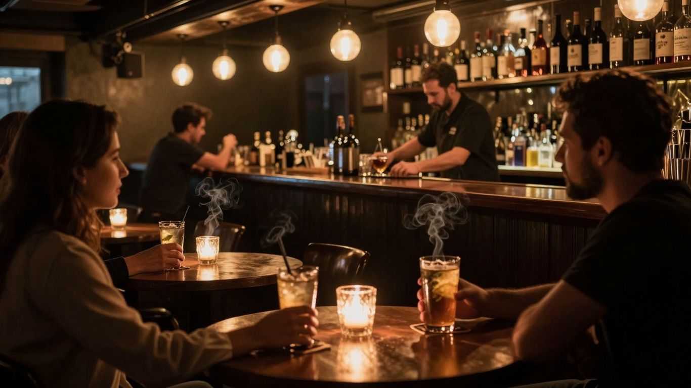 Gente fumando y bebiendo en un bar.