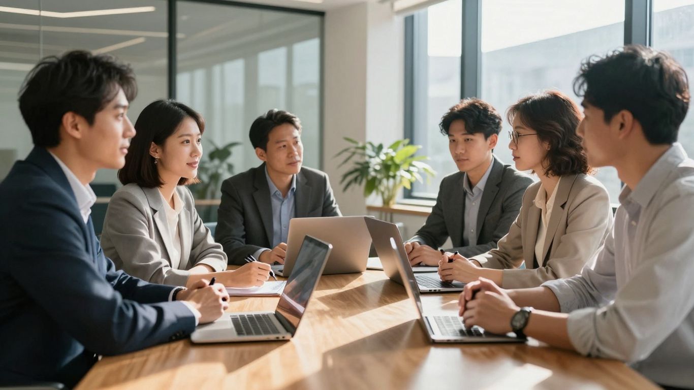 People discussing legal structures in a modern office.