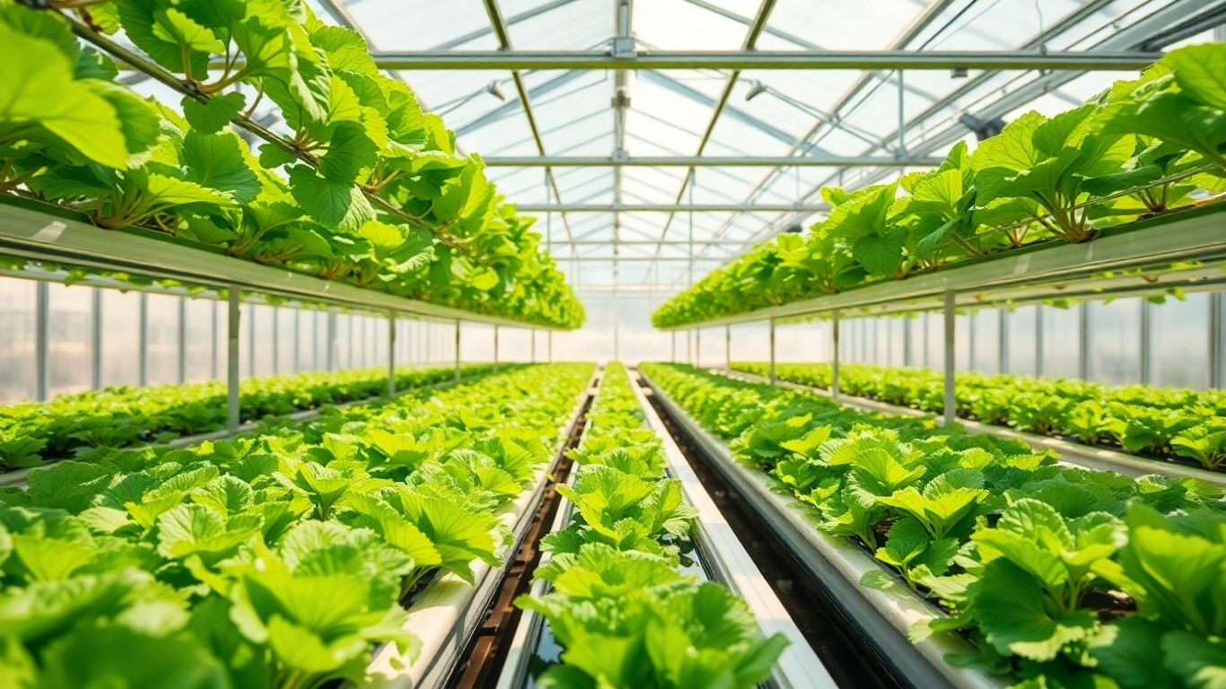Lush green plants growing in a bright hydroponic greenhouse.