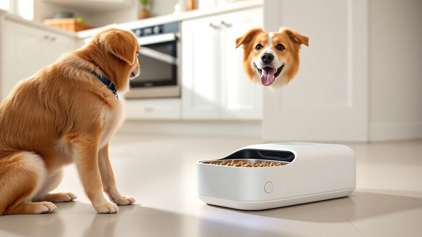 Smart pet feeder with a happy pet nearby.