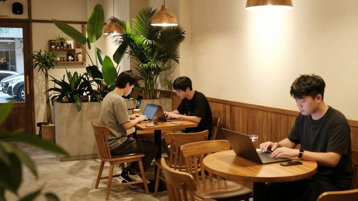 Interior of Brew & Brew coffee shop with laptops