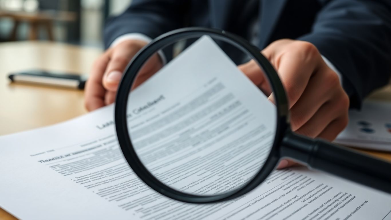 Magnifying glass over legal document with financial symbols.