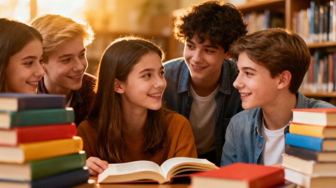 Teenagers reading romance novels, sharing smiles and connection.