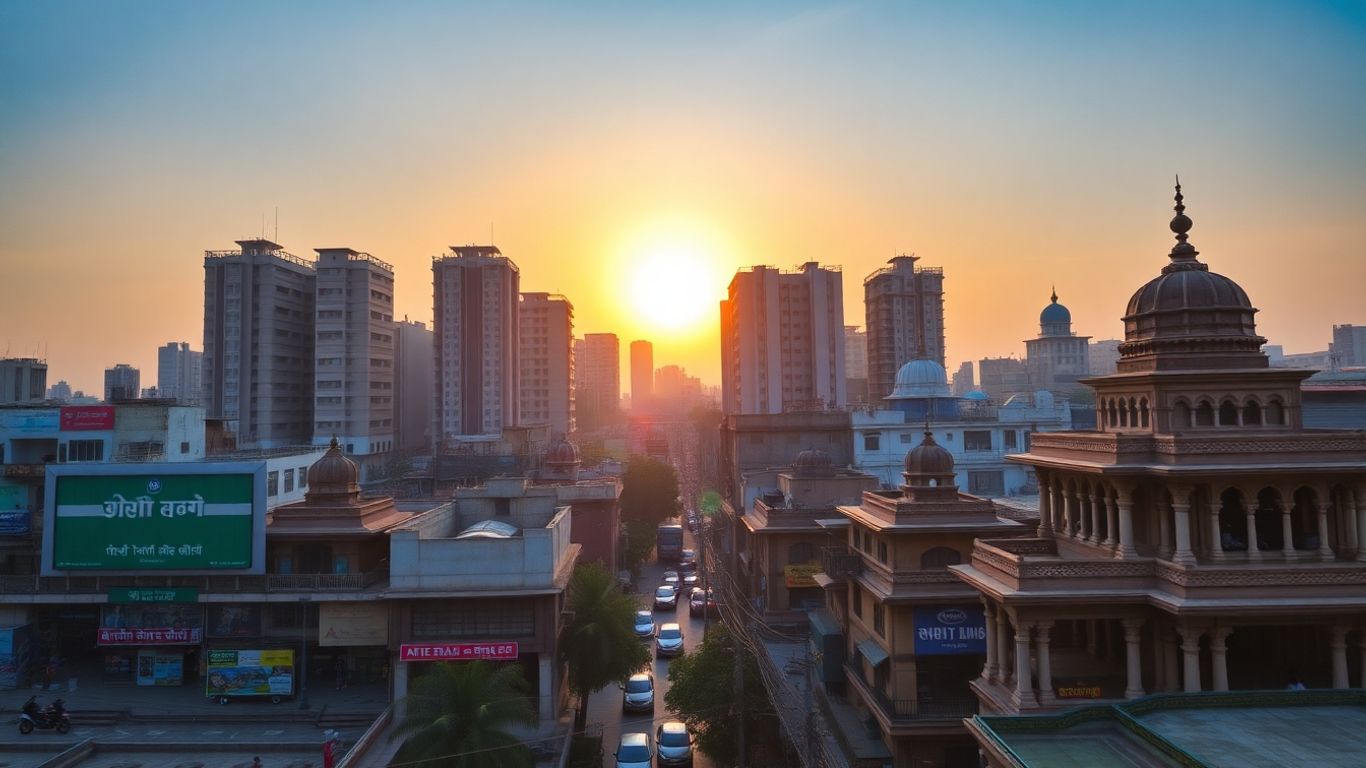 Indian cityscape at sunrise, economic activity.