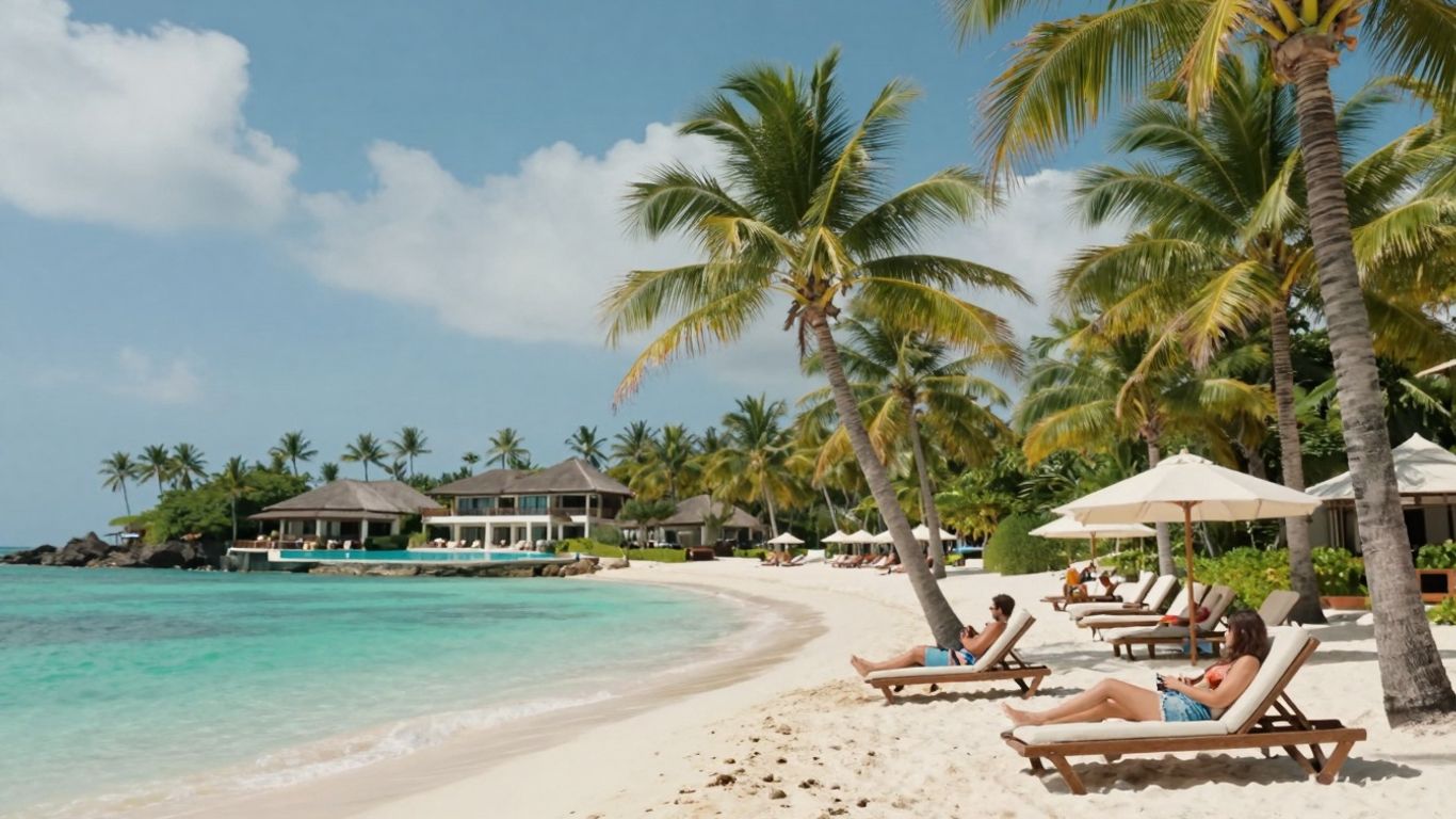 Tropical beach with palm trees and resort.