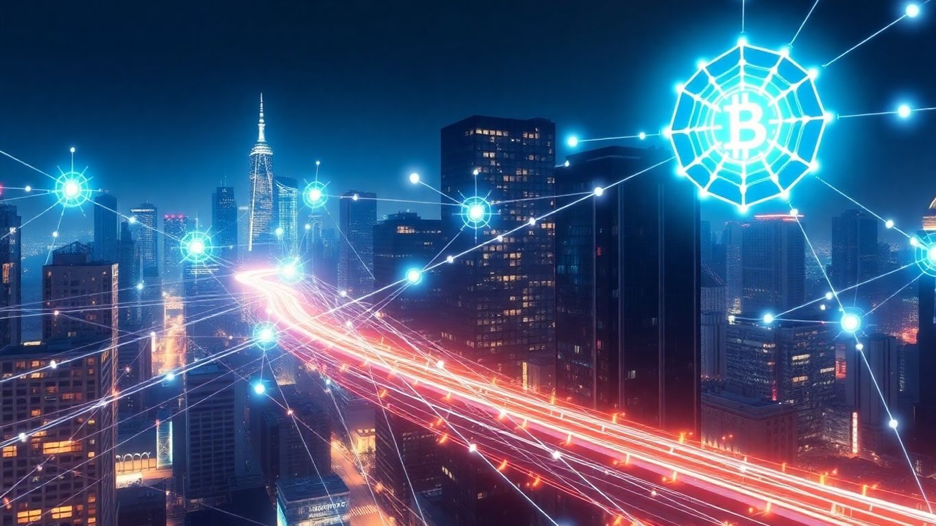 Cityscape with glowing digital pathways and blockchain nodes.
