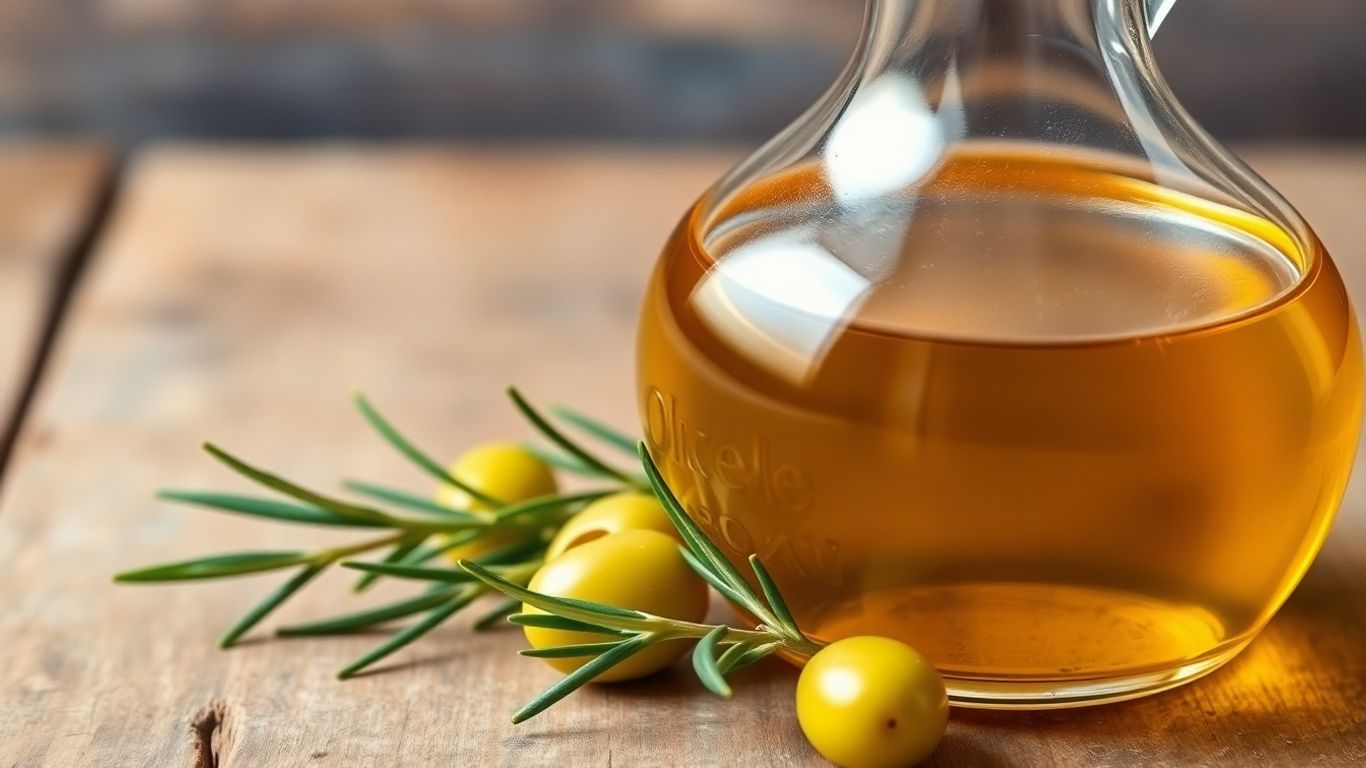 Bottle of olive oil with olives and rosemary.