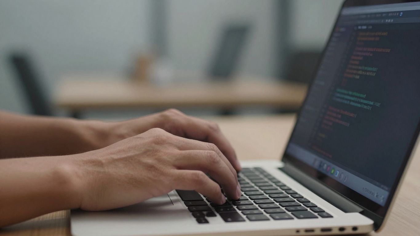 Hands coding on a laptop keyboard for algorithmic trading.