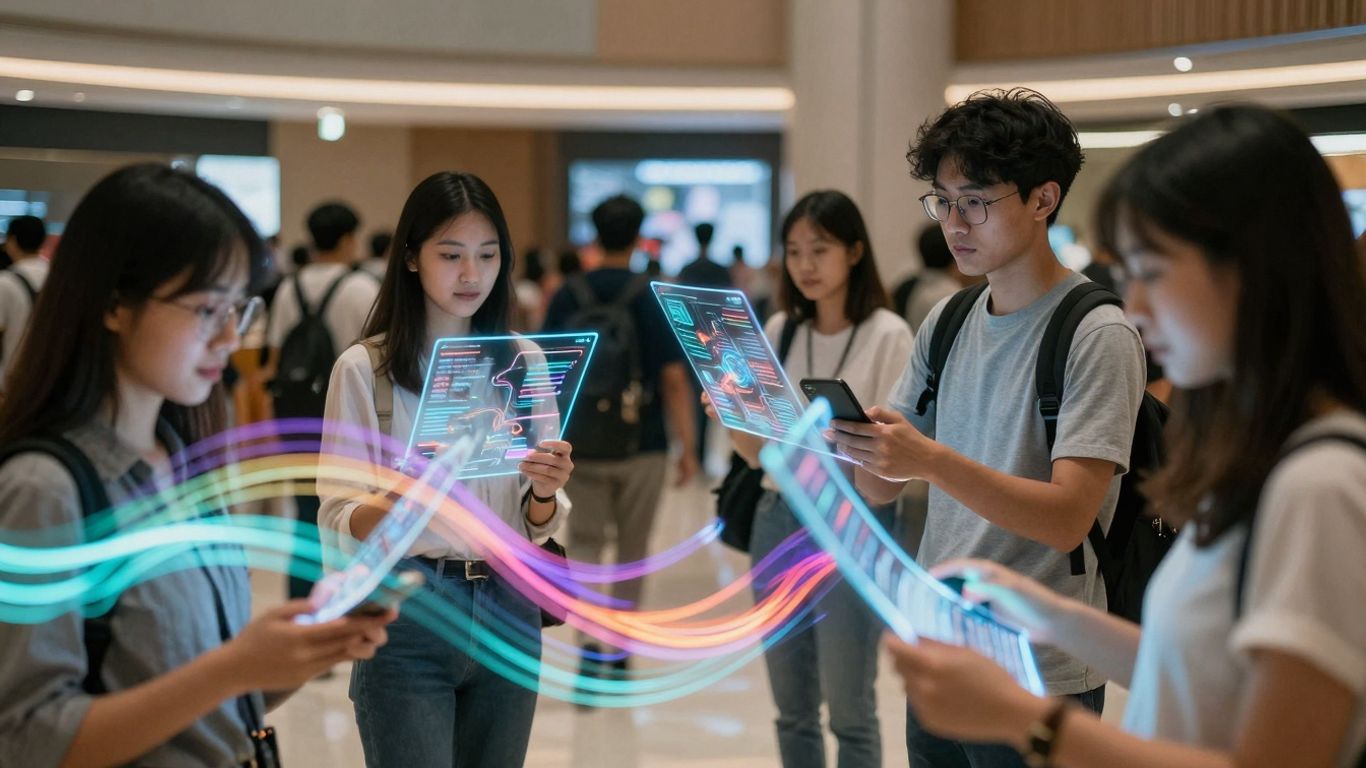 Oameni interacționând cu interfețe digitale futuriste.