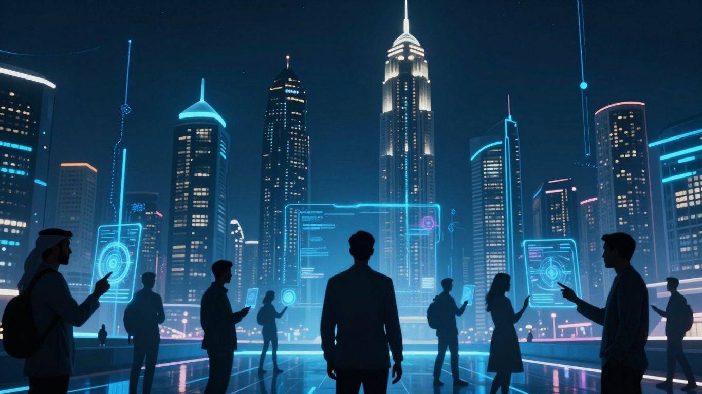 Futuristic cityscape with people interacting with AI interfaces.