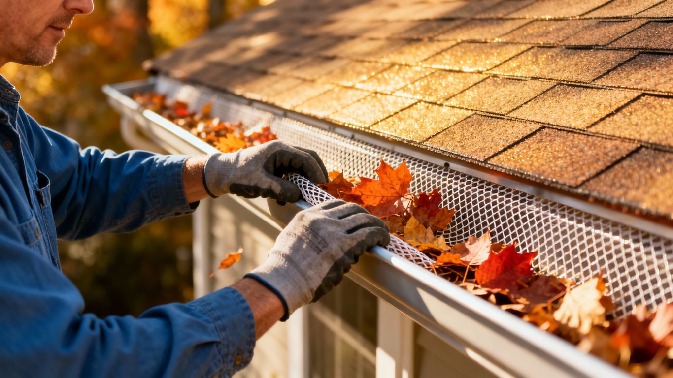 Homeowner installing gutter guards to catch fall leaves.
