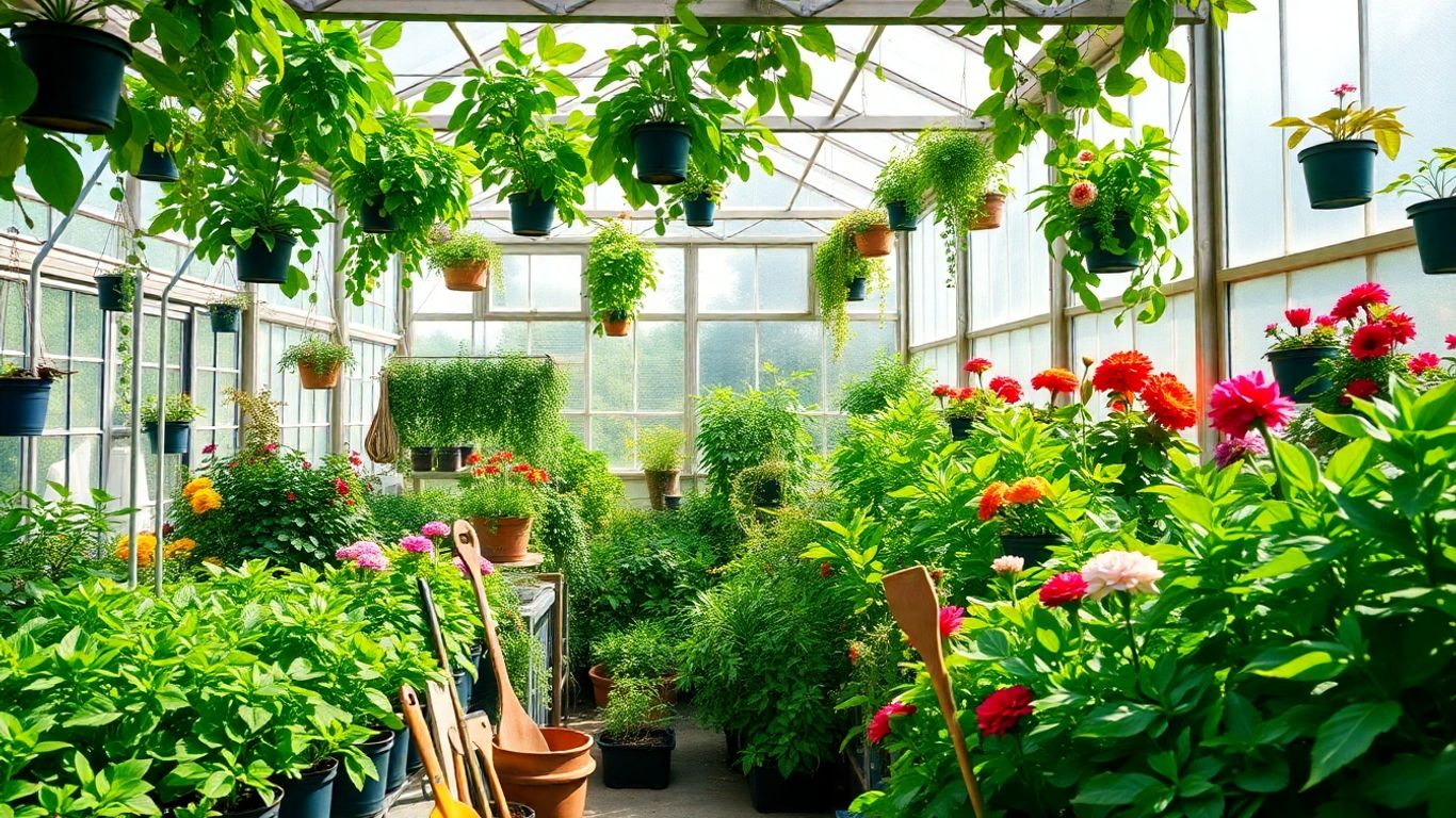 Seră plină cu plante verzi și flori colorate.