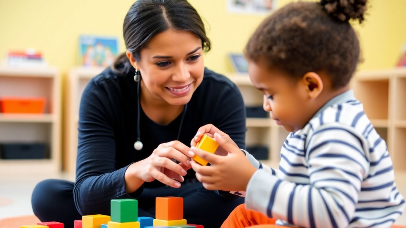 ABA clinician guiding a child's play with blocks.