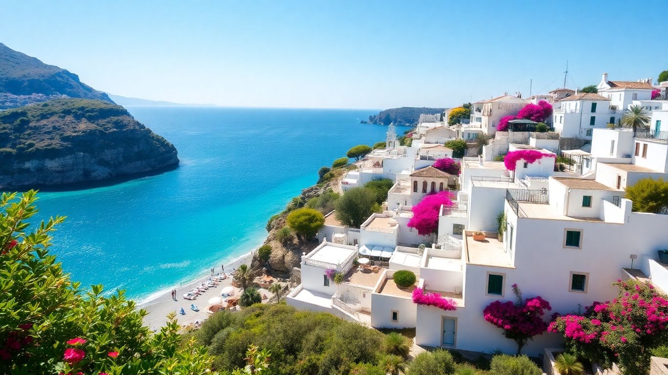 Sunny coastal village in Sicily, Italy, with blue sea.