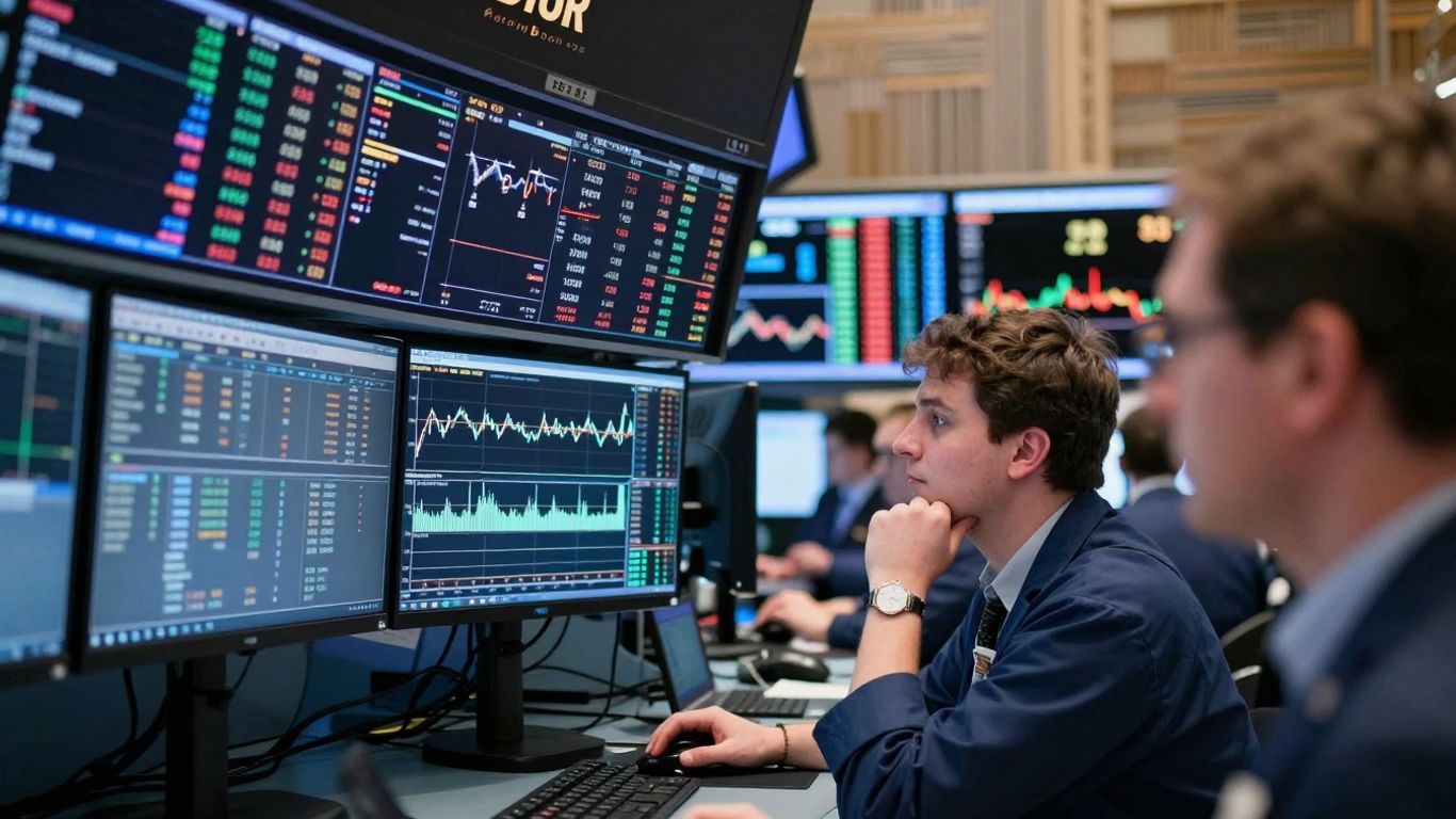 Operadores analisando dados financeiros em telas.