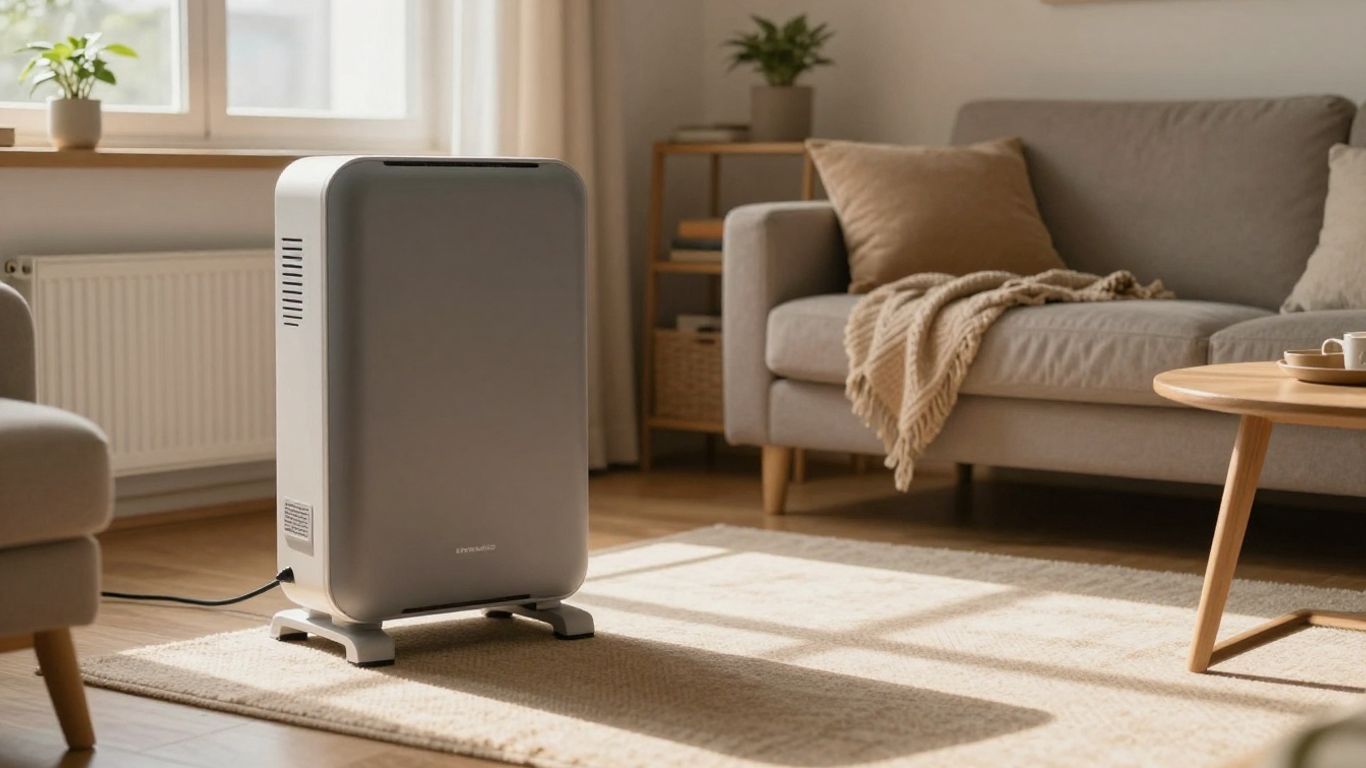 Cozy Airbnb living room with a modern portable heater.