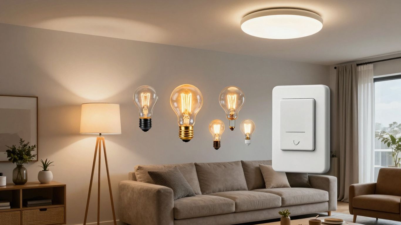 Smart dimmer switch and various light bulbs in a room.