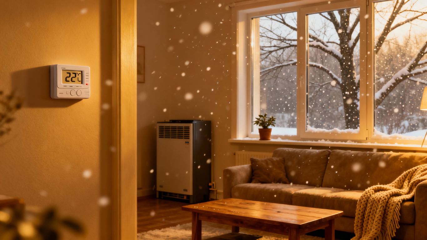 Winter scene with HVAC system preparation.