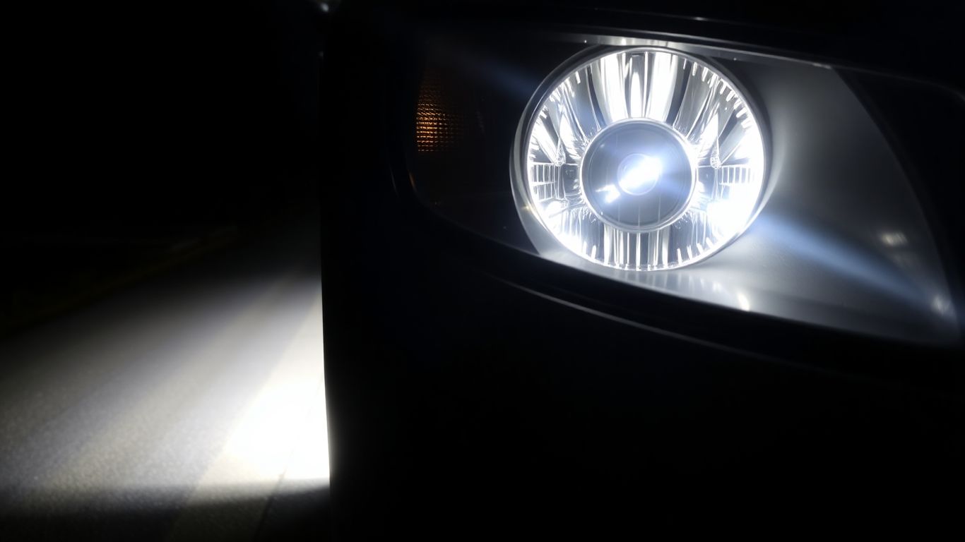 Dim car headlight emitting weak light on a dark road.