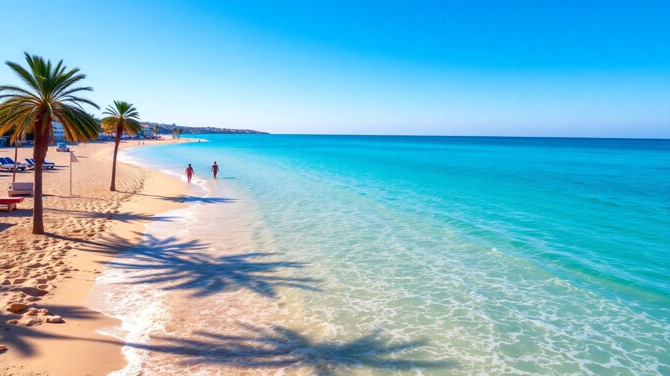 Sunny beach with turquoise water and palm trees on Costa del Sol.