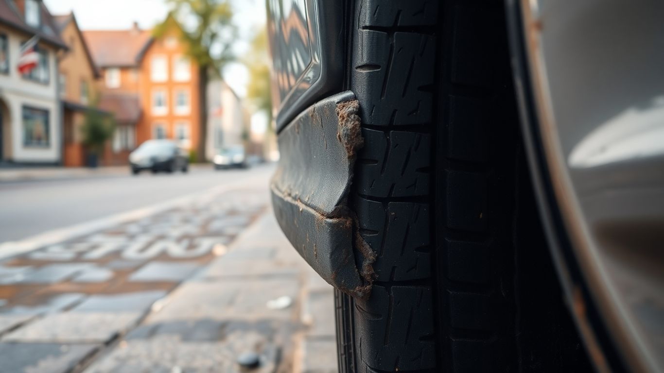 Auto-Schäden an Stoßstange und Reifen im Detail.