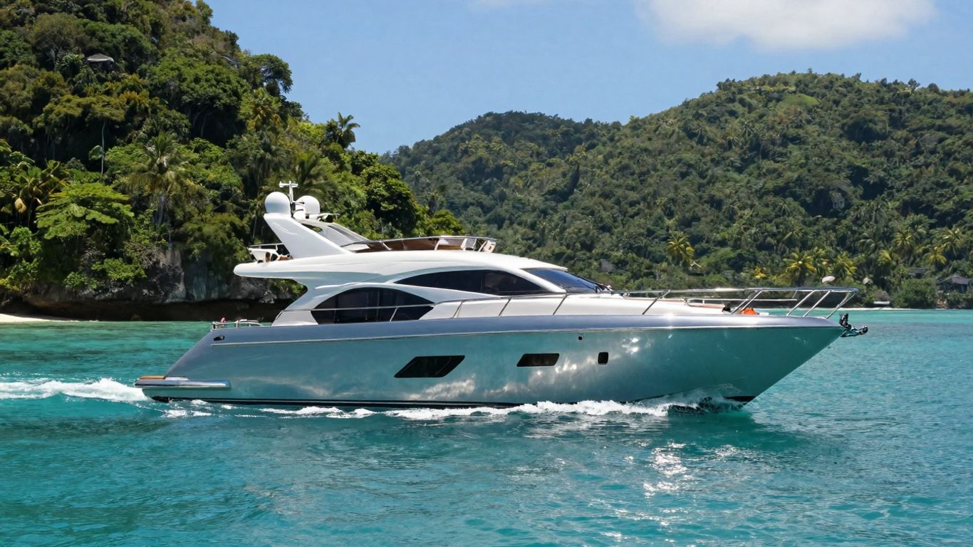 Luxury yacht sailing near tropical islands in Indonesia.