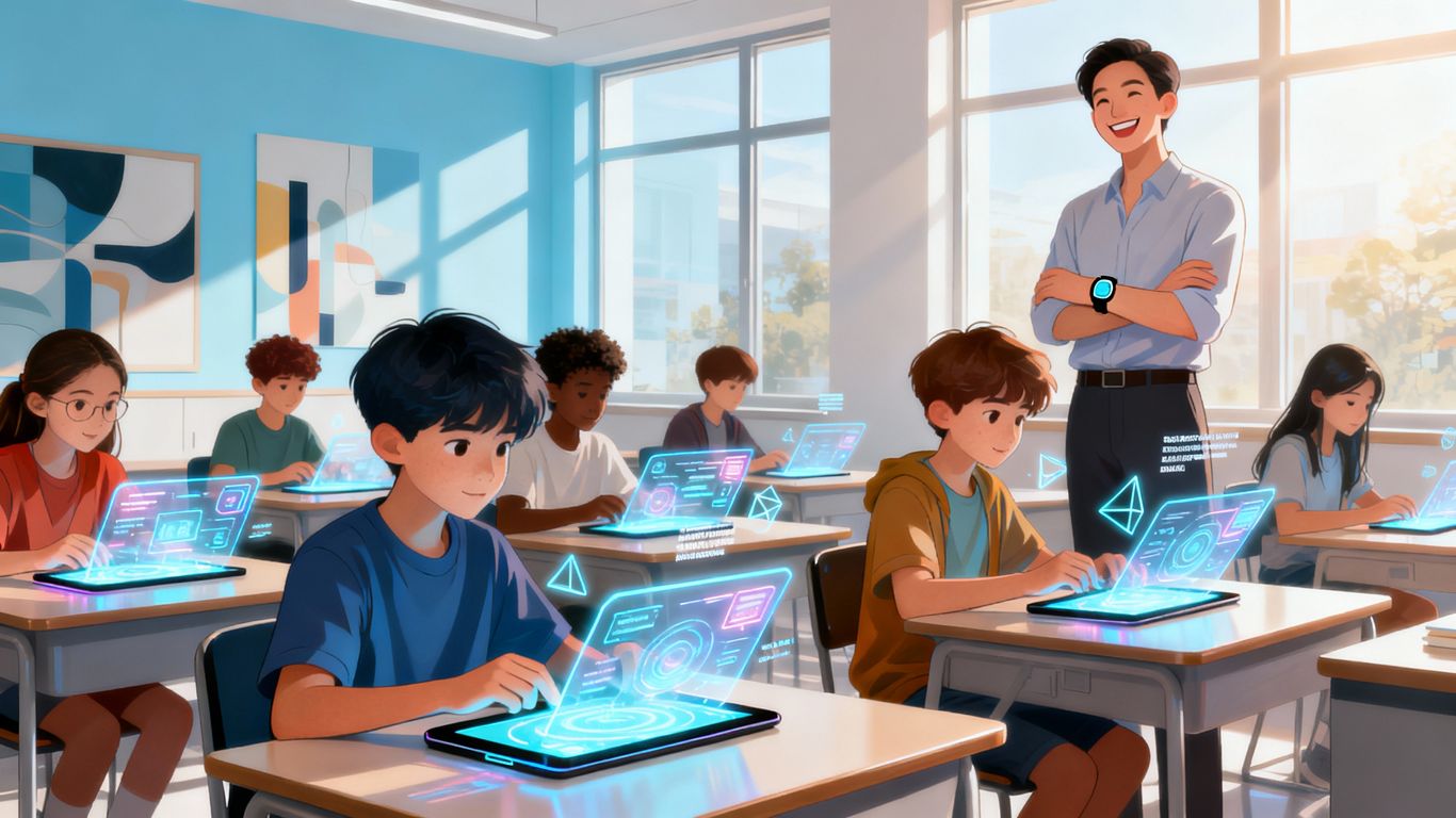 Students using tablets in a bright, modern classroom.