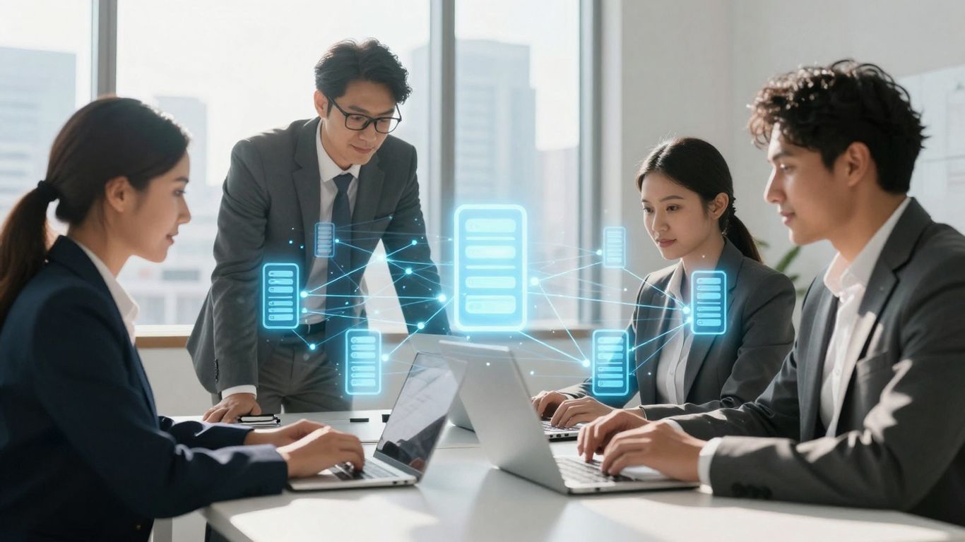 Business team working with IT network connections.