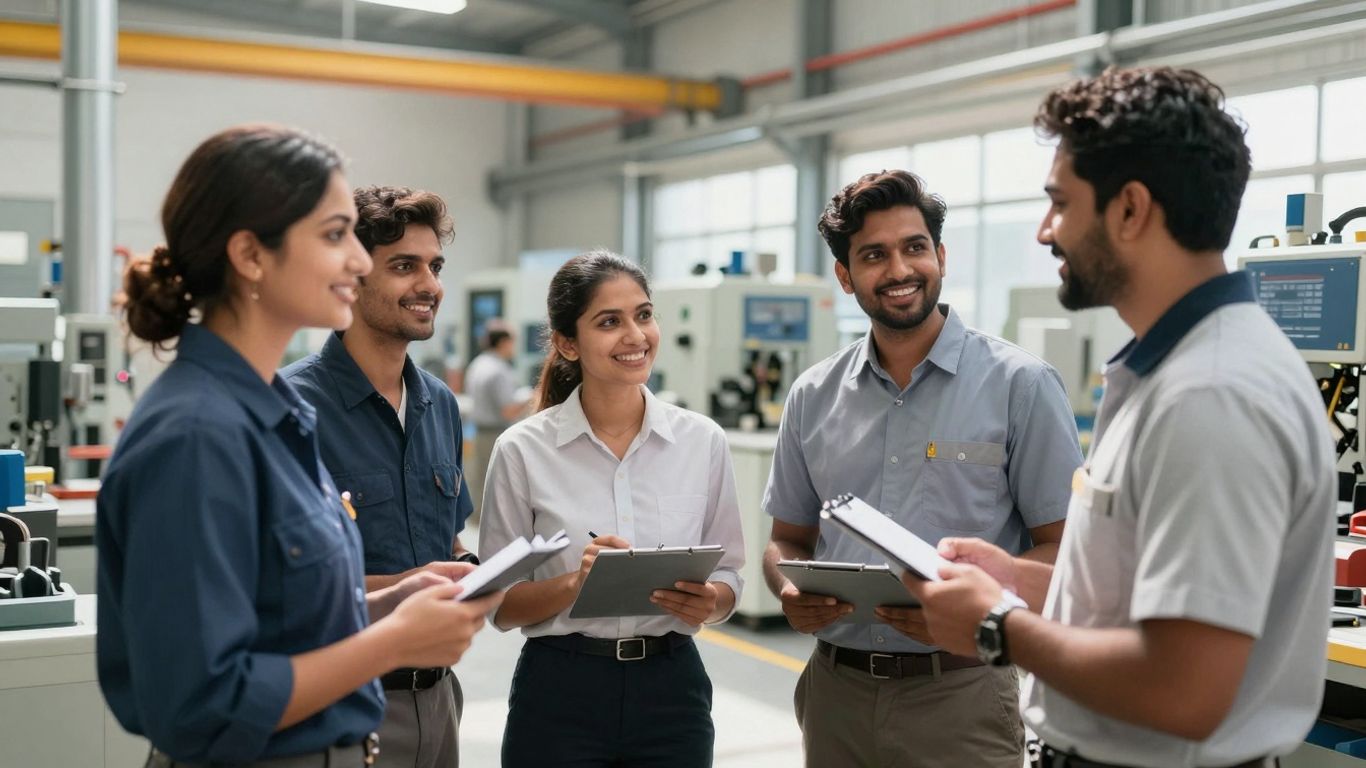 People working together in a modern industrial setting.