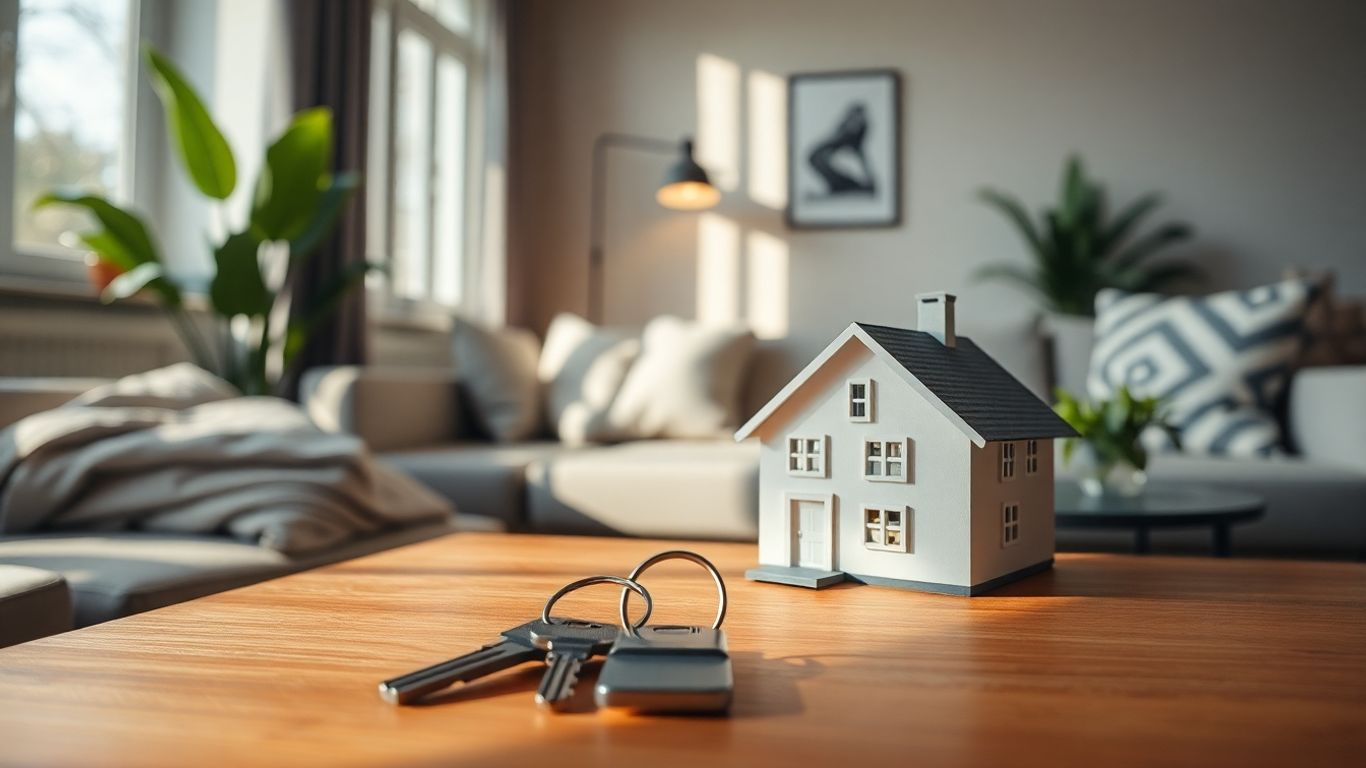 Apartamento moderno con llaves y casa en la mesa