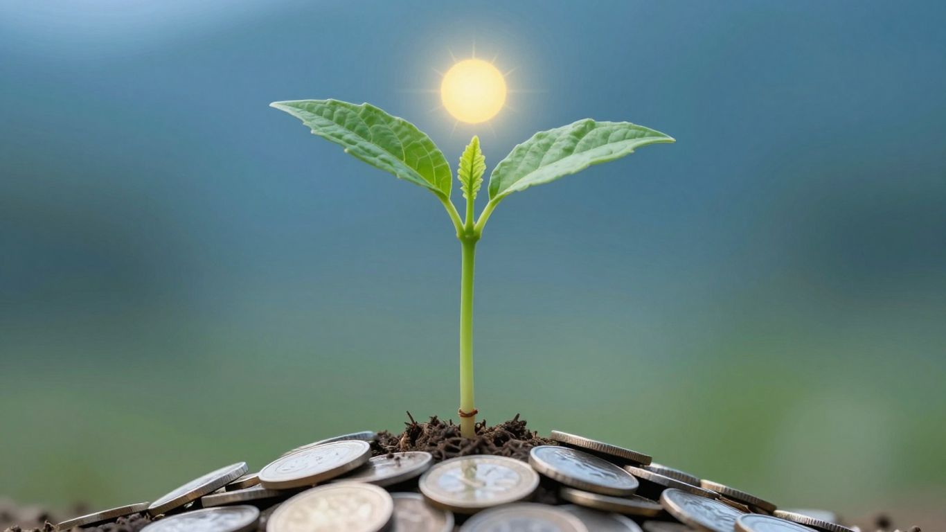 Seedling growing from coins, symbolizing sustainable growth.