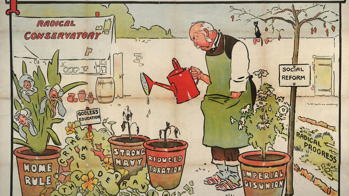 a cartoon of a man watering a garden