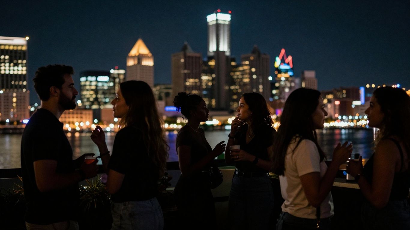 Detroit nightlife with diverse people and city lights.