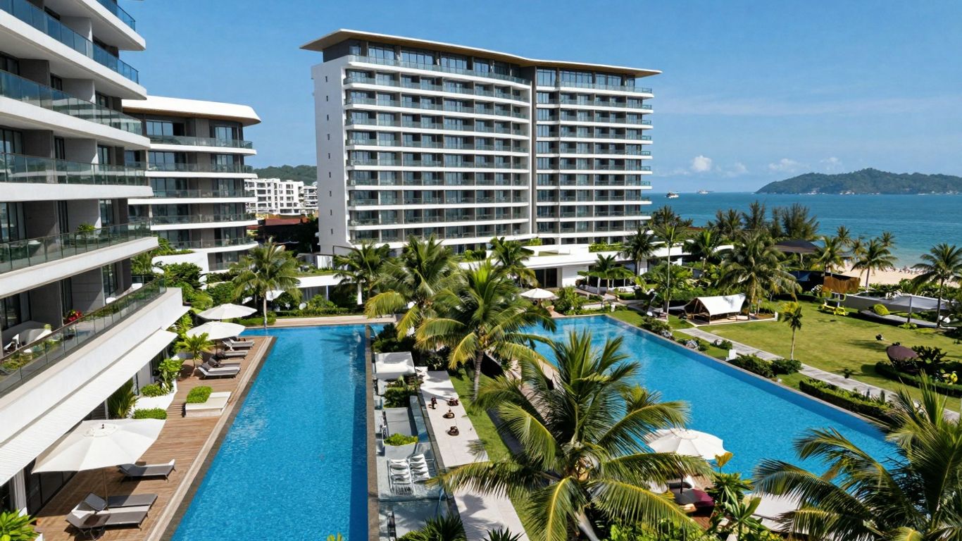 Luxury condos in Phuket overlooking the sea.