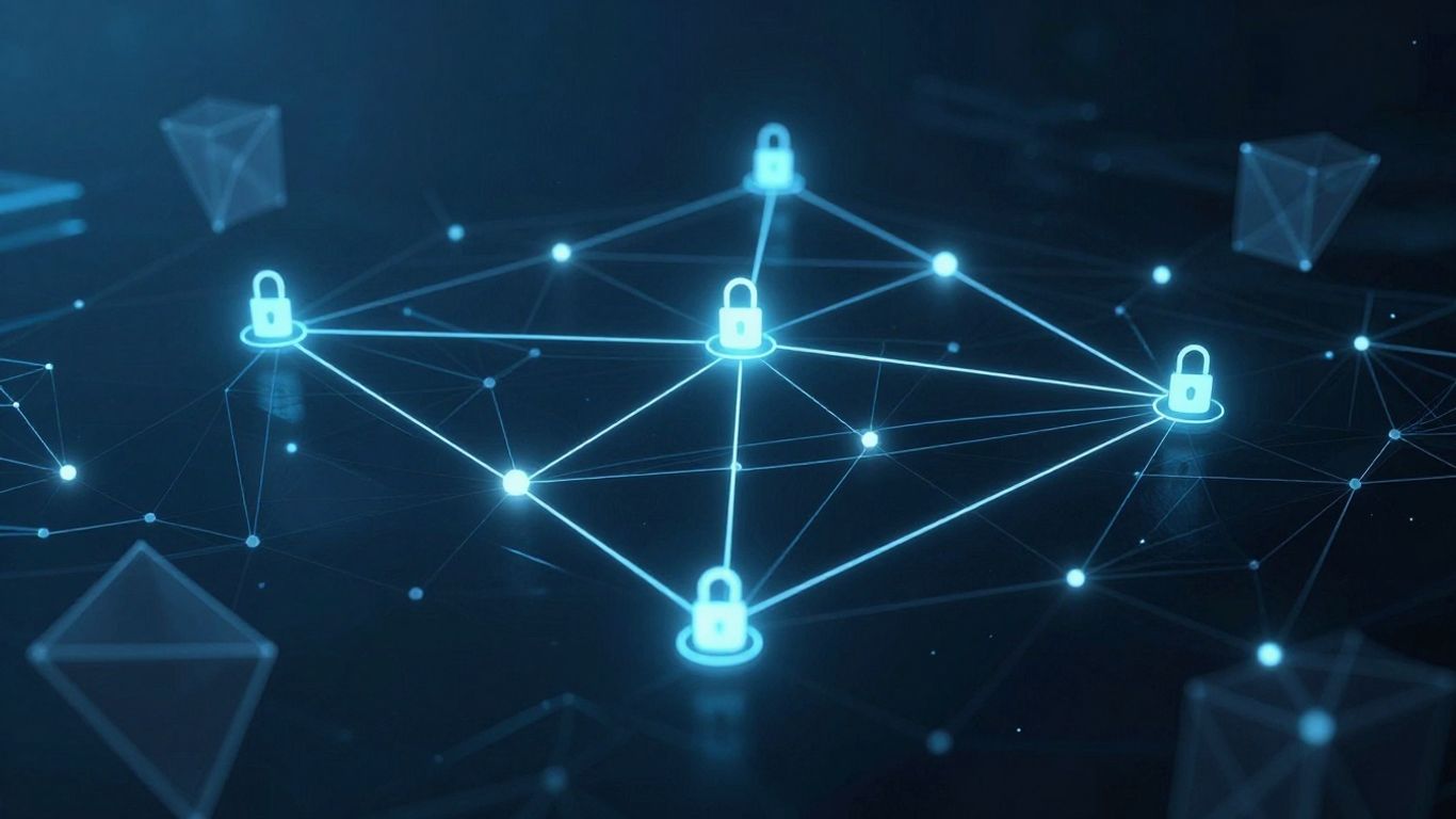 Secure digital network with glowing access points.