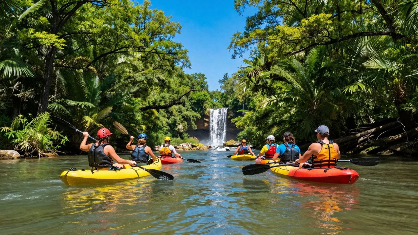 Kayakers enjoying a scenic river trip in the Texas Hill Country.