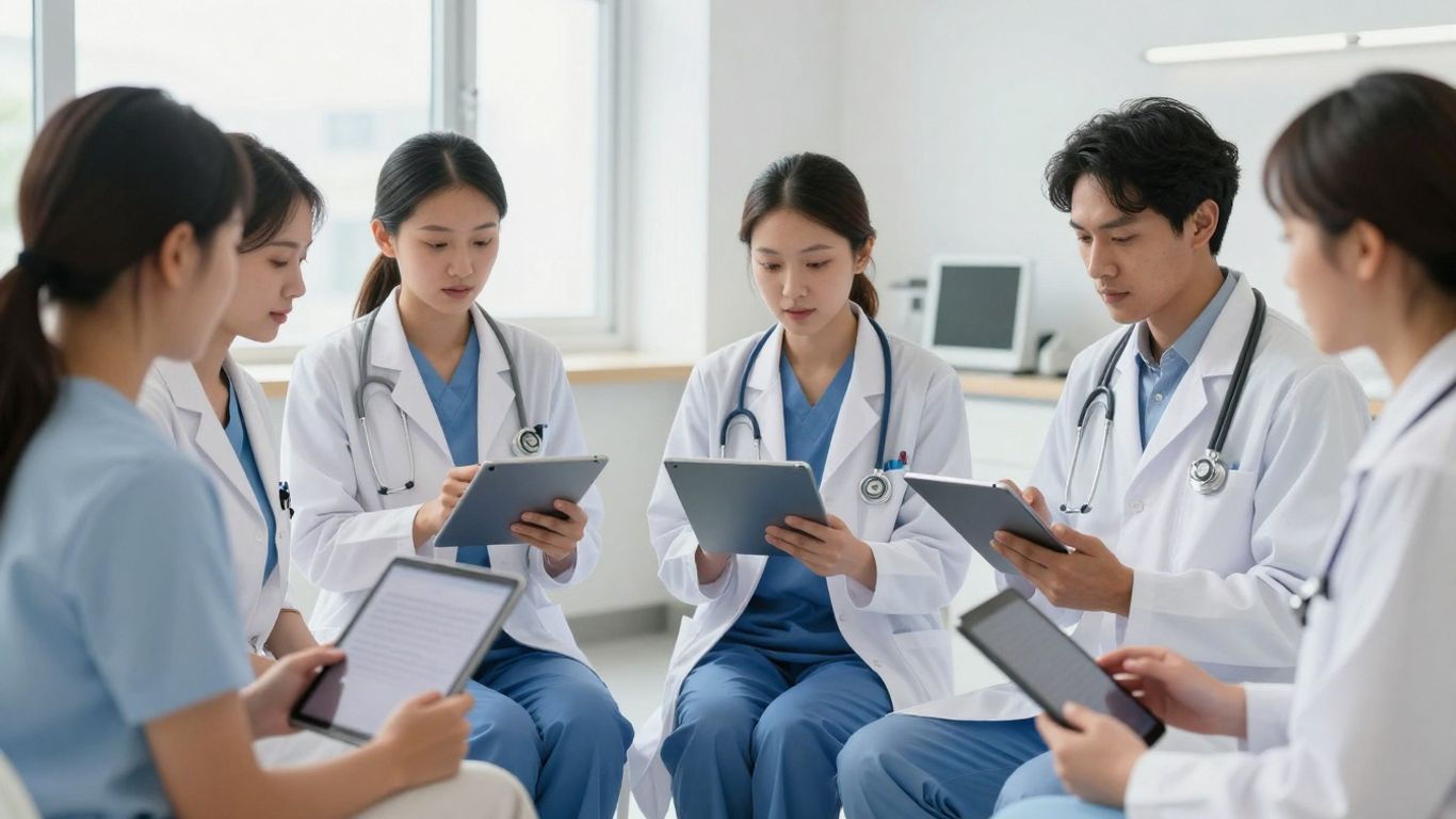 Healthcare professionals and patients using digital devices